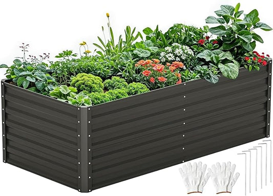 DWVO 6 x 3 x 2 FT Raised Garden Bed Kit, Outdoor Galvanized Flower Bed with Gloves, Large Metal Planter Box for Vegetables, Flowers, Herbs, Fruits, Black