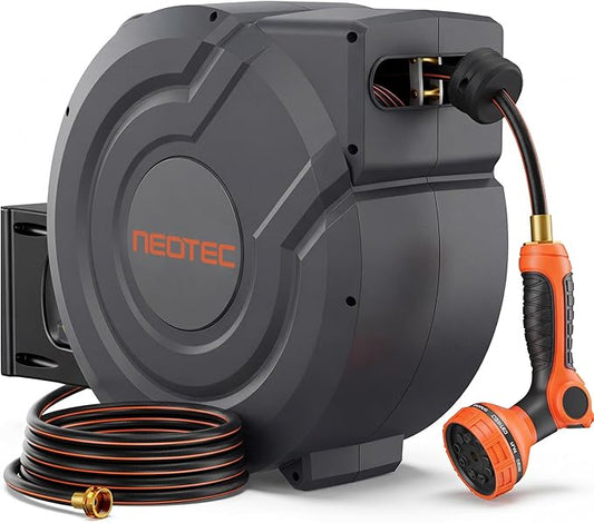 Upgraded Retractable Garden Hose Reel 5/8 inch x 100 ft Any Length Lock 9 Pattern Nozzle Wall-Mounted Automatic Slow Return 180° Swivel UV Resistant Heavy Duty Hose Reels for Outside