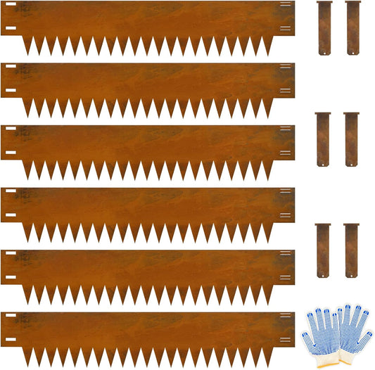 Cor Ten Steel Landscape Edging, 8Hx40L-Inch Metal Garden Edging, 6-Pack Hammer in Landscape Edging with 6 Clips and Gloves, Rustic