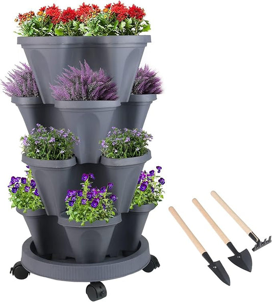 GameXcel Vertical Planter Tower- 4 Tier Stackable Garden Planter with Wheels and Tool Set – Grow Strawberries Herbs Flowers and Vegetables - Indoor Outdoor Use Dark Gray