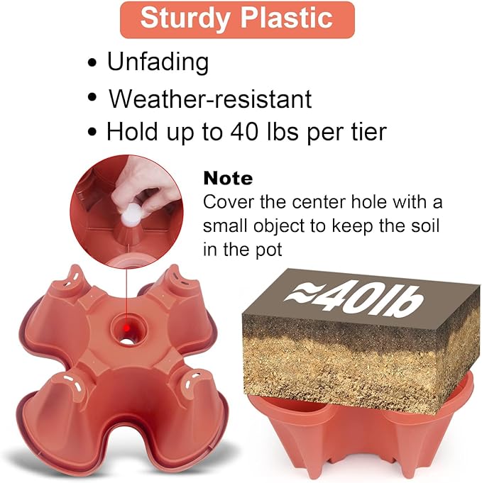 GameXcel Vertical Planter Tower- 3 Tier Stackable Garden Planter with Wheels and Tool Set – Grow Strawberries Herbs Flowers and Vegetables - Indoor Outdoor Use Red