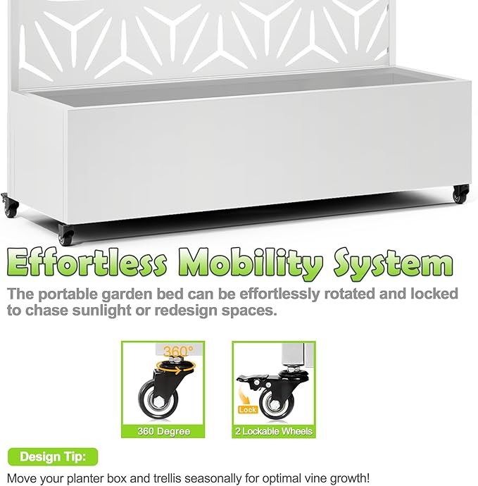 15.7"×70.9"×47.2" Metal Raised Garden Bed with Trellis and Wheels - Tall Trellis Planter Box for Climbing Plants, Vegetables & Vines - Outdoor Privacy Planters for Patio (White-Star)