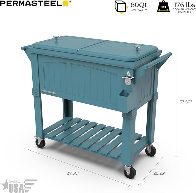 Permasteel Party Cooler with Divider, Spacious 80-Qt Capacity, Chills 36hrs, Serving Tray, Rolling Ice Chest for Indoor and Outdoor Entertainment, Matte Teal