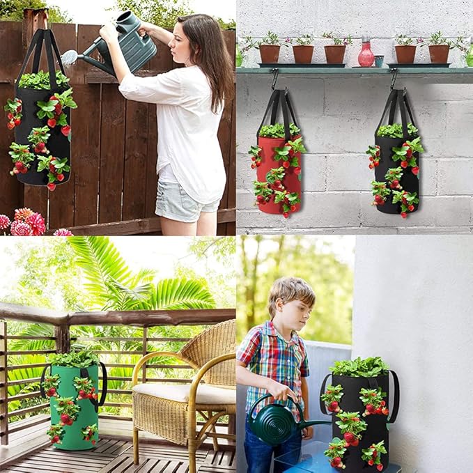 Upside Down Tomato Planter-3 Gallon Hanging Strawberry Planter Durable Aeration Fabric Grow Bags for Vegetables (Set of 3- Red，Green and Black)