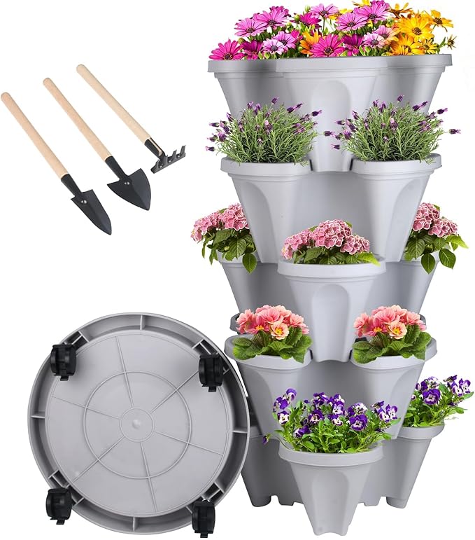 GameXcel Vertical Planter Tower- 5 Tier Stackable Garden Planter with Wheels and Tool Set – Grow Strawberries Herbs Flowers and Vegetables - Indoor Outdoor Use Gray