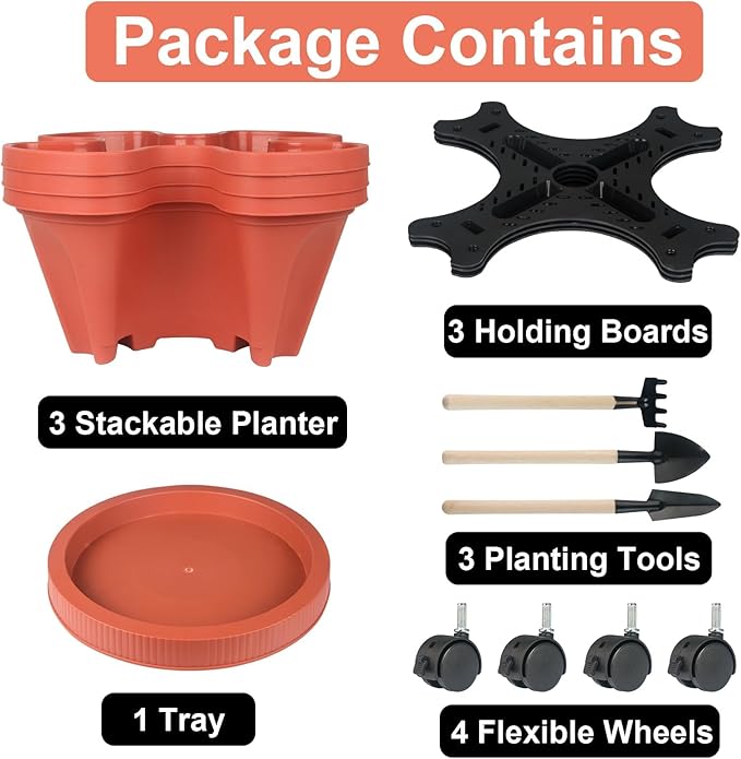 GameXcel Vertical Planter Tower- 3 Tier Stackable Garden Planter with Wheels and Tool Set – Grow Strawberries Herbs Flowers and Vegetables - Indoor Outdoor Use Red