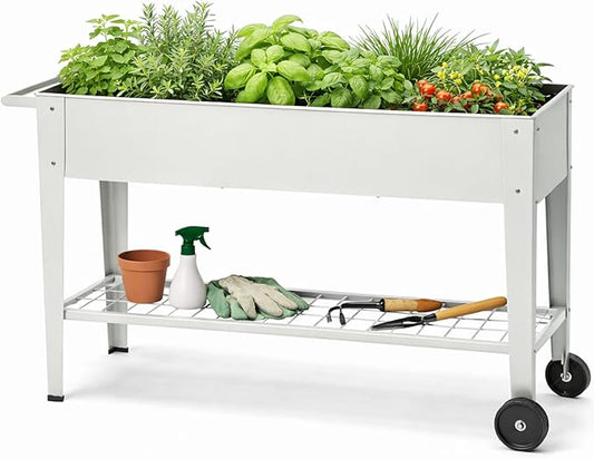 InSideOut Elevated 40" Raised Garden Bed Outdoor with Wheels & Shelf for Mobility, Metal Planter Box for Vegetables/Herbs, Patio-Balcony-Backyard (White)
