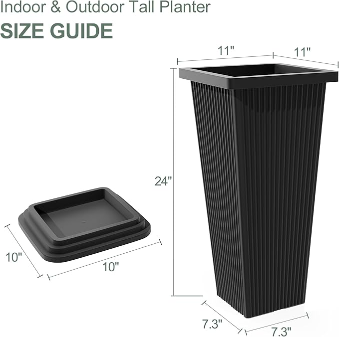 Tall Black Planters Outdoor Set of 2, Large Outdoor Tall Planters Pots with Tray, Modern Tapered Flower Planter for Front Porch, Patio, Garden (24", Ribbed)