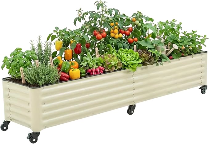 Vego garden Classic Rolling Garden Bed – 1.75' Mobile Metal Raised Garden Bed for Patio, Deck, Balcony – Deep Planting Space, Durable & Easy to Move (Pearl White, 1.75'X8')