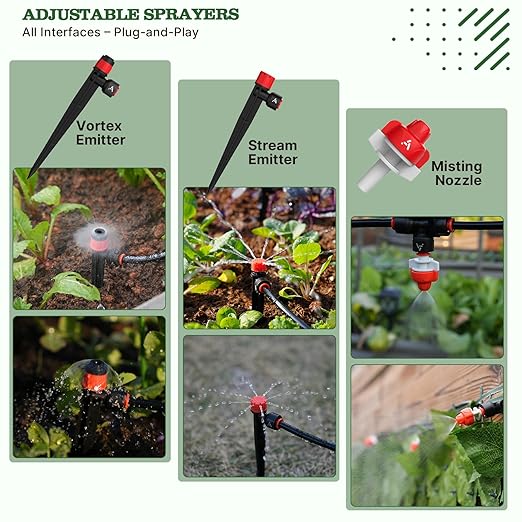 A ANLEOLIFE 100FT Drip Irrigation Kit, All-in-One Quick-Connect System with 1/2” Mainline + 1/4” Tubing, Y Splitter, 22 Adjustable Emitters & Nozzles for Raised Beds, Greenhouse, Vegetable Garden