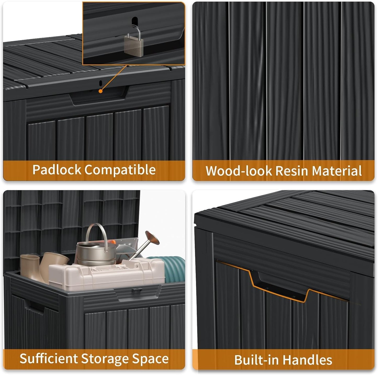 28 Gallon Outdoor Deck Box,Storage Lockable Waterproof Patio Furniture,Garden Tools,Cushions,Pool Accessories Outside Storage Resin Box(Black)