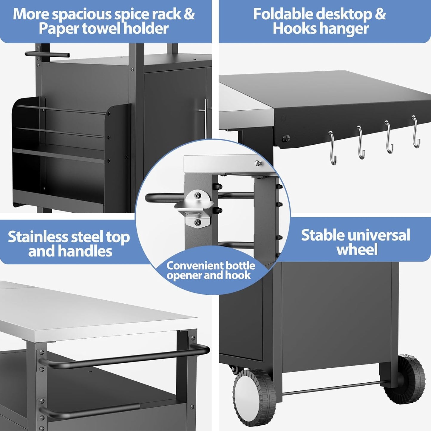 ROOMTEC Outdoor Grill Cart with Storage,Patio Kitchen Island with WheelsHooks and Spice Rack,Waterproof Outdoor Grill Table,Movable BBQ Serving Cart Rolling Bar Cart for Home Party Bar