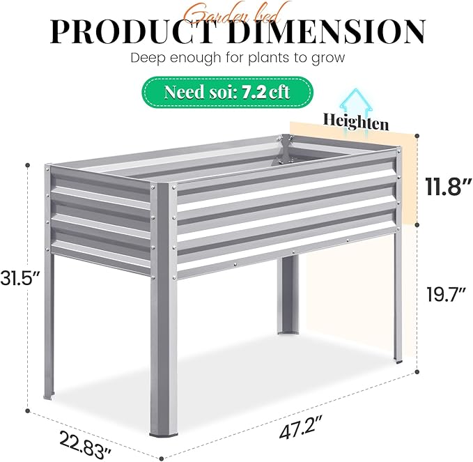 KING BIRD Large Raised Garden Bed with Legs Galvanized Elevated Planter Box 48×24×32 in for Backyard, Patio, Balcony, 400lb Capacity, Silver 2pcs