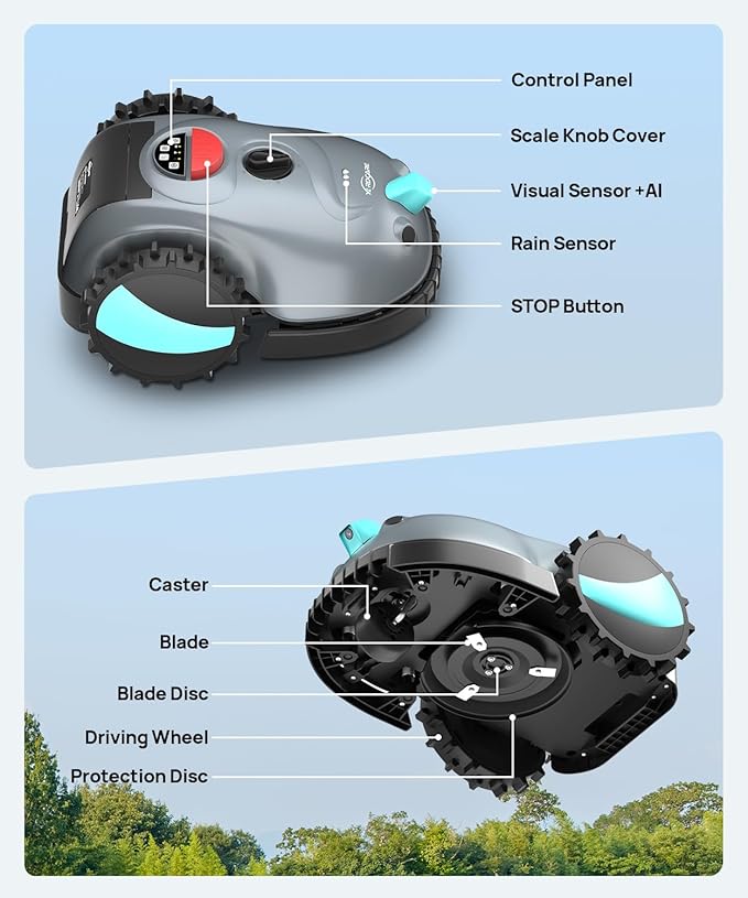 V100 Robotic Lawn Mower with Vision Navigation, Spot Spiral Mowing, Obstacle Avoidance, Adjustable Cutting Height, Low Noise, Ideal for Small Lawns