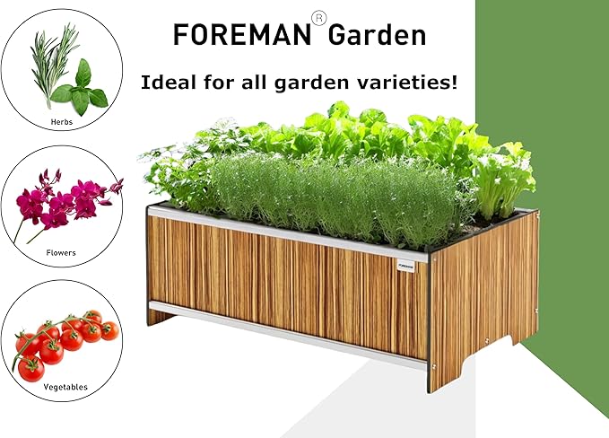 Foreman Raised Garden Bed 10 Year Warranty 36”Lx24”Wx14”H Premium Plastic Wood Grain Aluminum Frame Elevated Planter Box for Backyard Patio Balcony, Zebrano