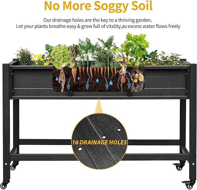 DWVO 47x18x31in Raised Garden Bed HDPE, Weather-Resistant Poly Wood Planter Box Stand, Planter Box with Legs & Lockable Wheels, Elevated Garden Bed for Backyard Patio Balcony - Black