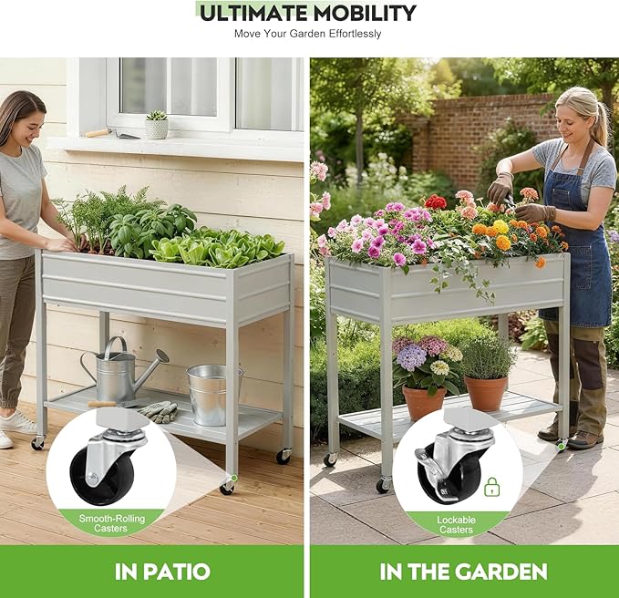 ZORMY 32" Tall Galvanized Raised Garden Bed with Legs Wheels & Shelf, Elevated Planter Box Outdoor for Vegetables, Herbs & Flowers, Patio & Backyard, Garden Bed with 400lb Capacity，Grey