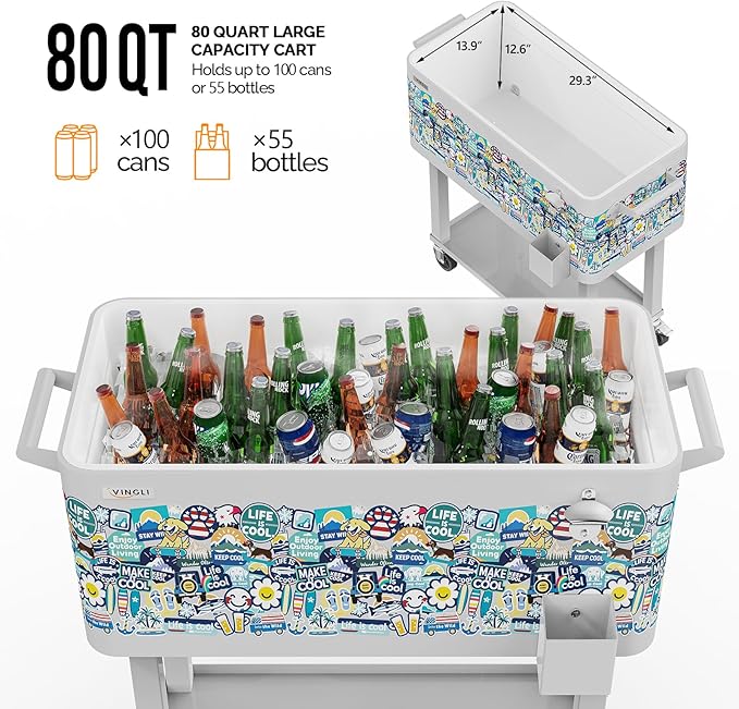 VINGLI 80 Quart Rolling Ice Chest, Portable Patio Party Bar Drink Cooler Cart, with Shelf, Beverage Pool with Bottle Opener