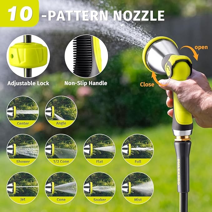 110 FT x 1/2" Retractable Garden Hose Reel, Heavy Duty Automatic Hose Reel Wall Mount - 3/4in Brass Fitting 10 Pattern Nozzle, Any Length Lock Slow Retraction 180° Swivel, Upgraded UV Resistant