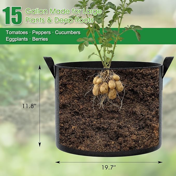 FEED GARDEN 15 Gallon Grow Bags 8 Pack – Heavy Duty 300G Thick Fabric Plant Pots with Reinforced Handles, Breathable Drainage Planters for Tomatoes, Potatoes & Large Vegetables Indoor Outdoor