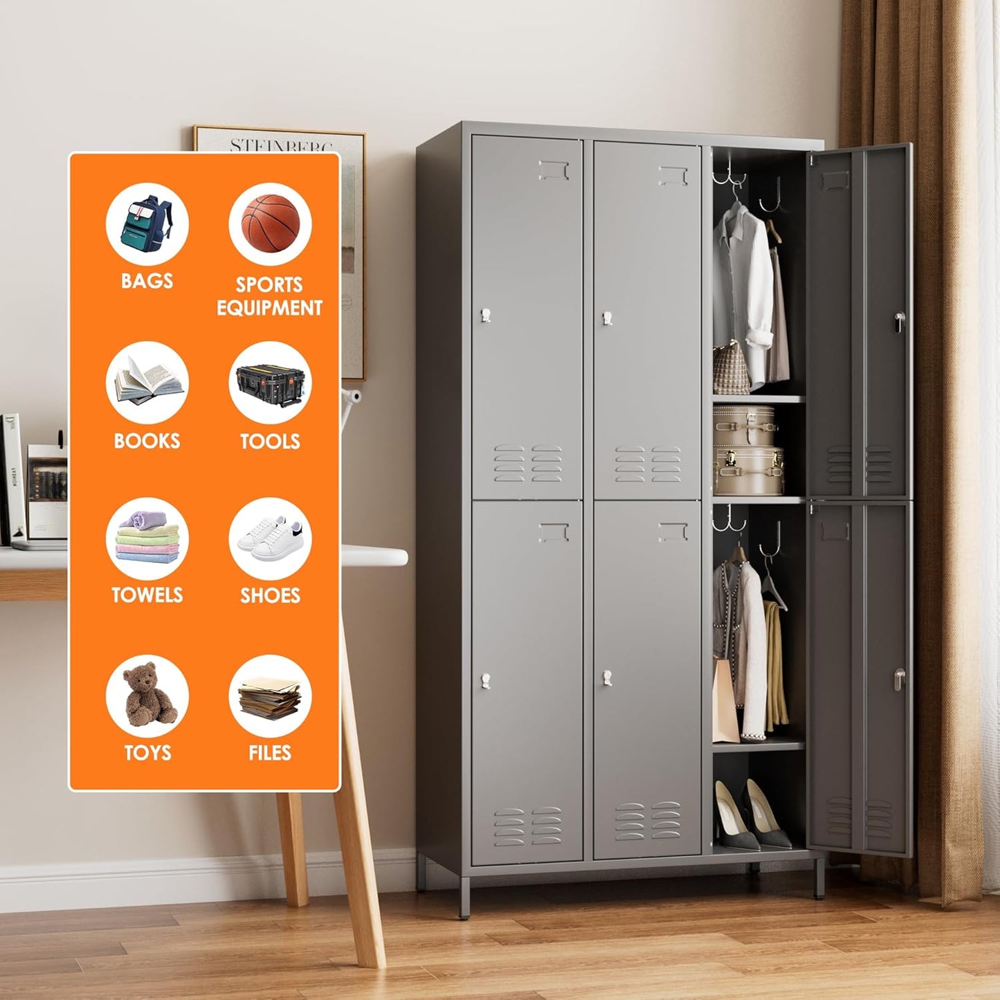 6 Doors Metal Storage Lockers for Employees with 18 Hooks,72" H Employee Lockers with Business Card Holder for Offices School Gyms Home,Assembly Required,Dark Gray