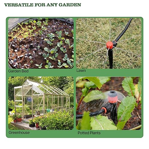 A ANLEOLIFE 100FT Drip Irrigation Kit, All-in-One Quick-Connect System with 1/2” Mainline + 1/4” Tubing, Y Splitter, 22 Adjustable Emitters & Nozzles for Raised Beds, Greenhouse, Vegetable Garden