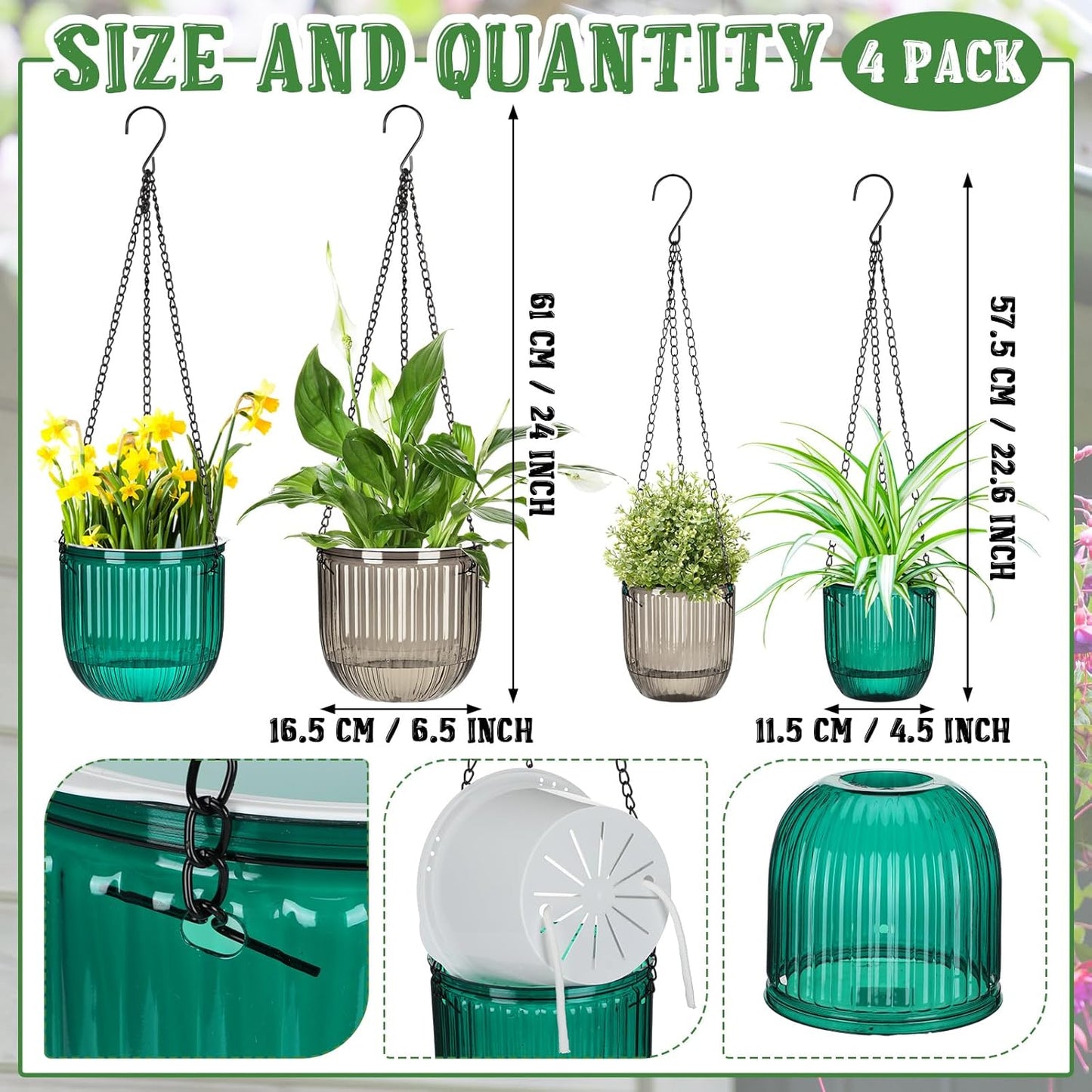 Maxcheck 4 Pcs Self Watering Hanging Planters Indoor Gift 6.5'' 4.5'' Hanging Flower Pots Baskets Outdoor Self Watering Plant with 3hooks Drainage Holes for Home(Emerald,Grey)