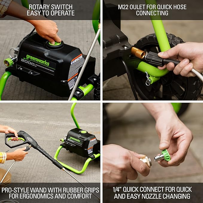 Greenworks 2000 PSI (13 Amp) Electric Pressure Washer (Wheels For Transport / 20 FT Hose / 35 FT Power Cord) Great For Cars, Fences, Patios, Driveways