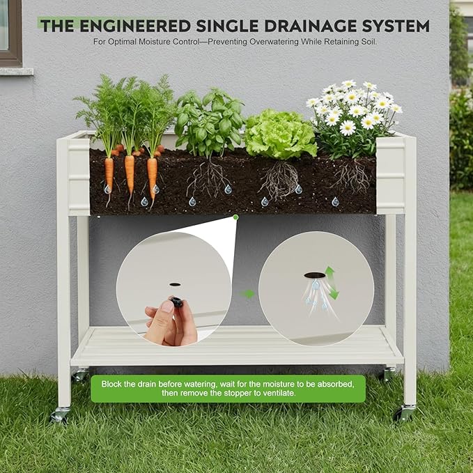 ZORMY 32" Tall Galvanized Raised Garden Bed with Legs Wheels & Shelf, Elevated Planter Box Outdoor for Vegetables, Herbs & Flowers, Patio & Backyard, Garden Bed with 400lb Capacity，White