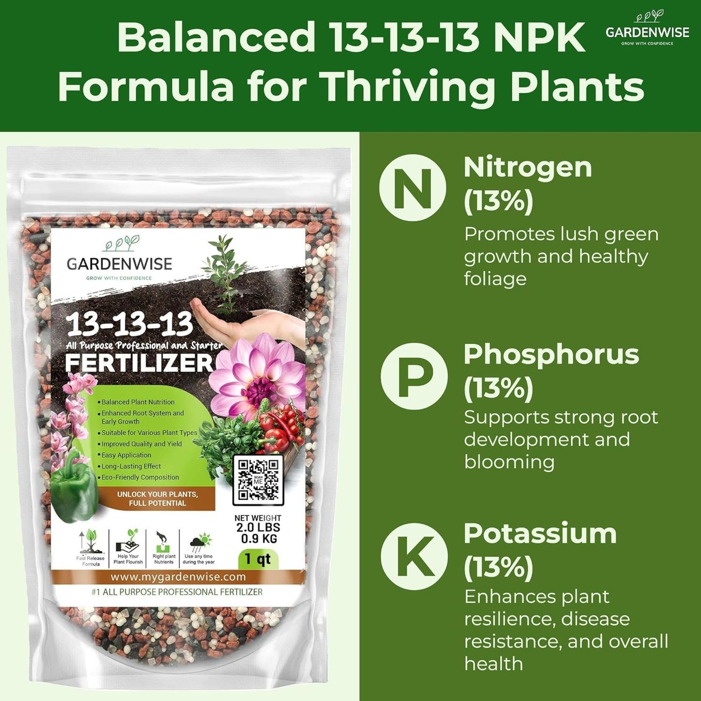 13-13-13 Slow Release Granular Fertilizer – All Purpose Plant Food 13 13 13 for Outdoor Grass, Vegetables, Roses, Flowers, Shrubs, Trees. Lawns, Gardens, Potted Plants (2 quarts)