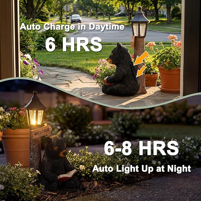 Lyeasw Garden Statues Bears, Solar Reading Bear Statue with Welcome Sign Decor, Bear Figurine Lights for Outside, Patio, Lawn, Garden Decor Birthday Housewarming for Women, Mom