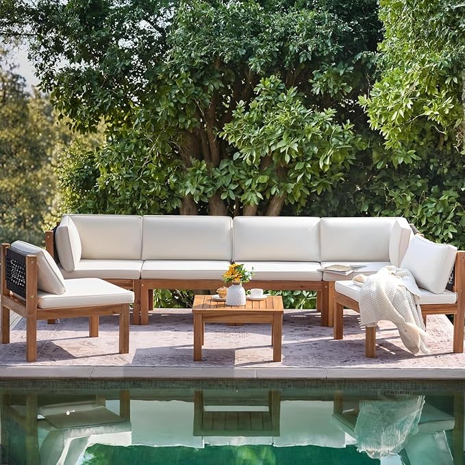 Greesum 7 Pieces Small Patio Sofa, Acacia Wood Frame, Padded Patio Conversation and Chairs Set for Garden, Backyard, Poolside, Beige