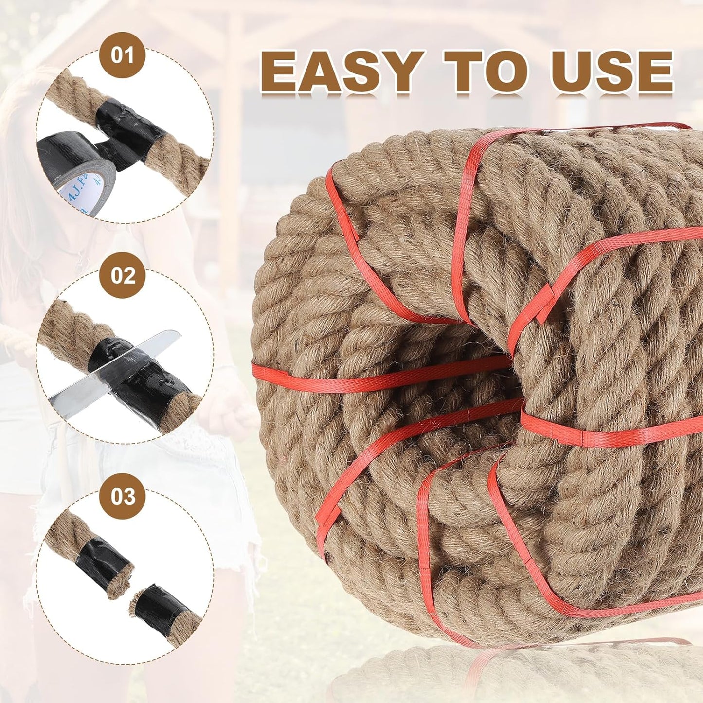 MECCANIXITY Jute Rope 1.1 Inch x 66ft, Thick Twine Rope Ropes Braided Jute Twine Natural Brown Burlap Cord String Heavy Twisted with Tapes for Decorative Crafts Railing Swing Tug of War