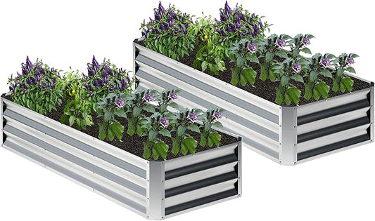 2PCS 6x2x1FT Galvanized Raised Garden Bed,Planter Raised Beds-Metal Garden Box,Large Plant for Outdoor Planting, Vegetables Bed，Flower,herb-Silver