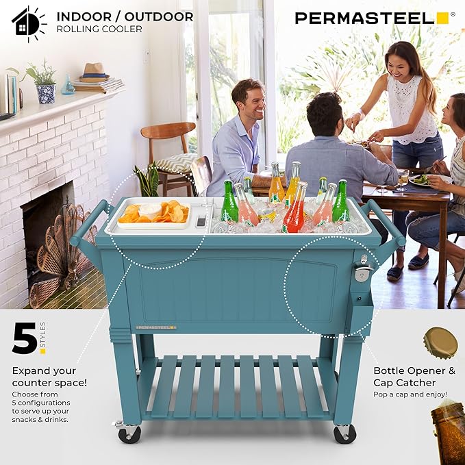 Permasteel Party Cooler with Divider, Spacious 80-Qt Capacity, Chills 36hrs, Serving Tray, Rolling Ice Chest for Indoor and Outdoor Entertainment, Matte Teal