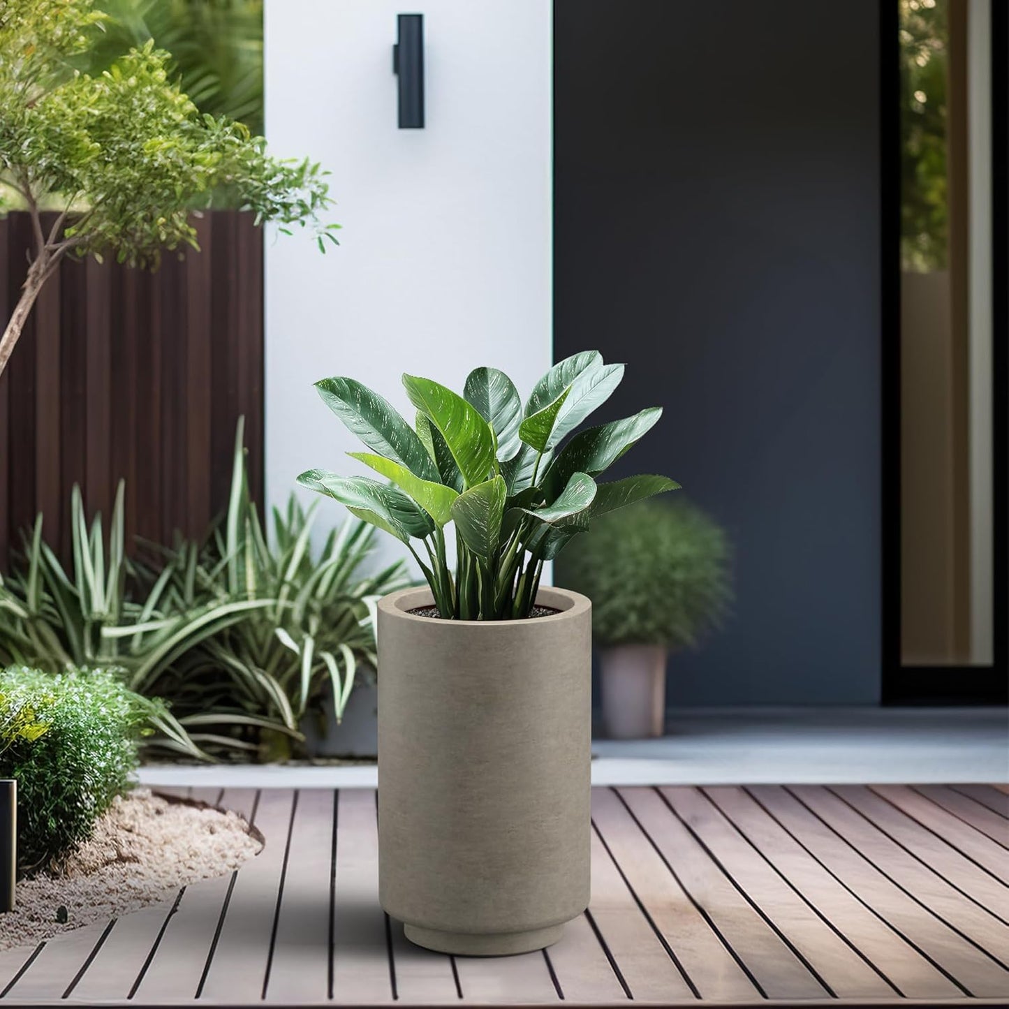 Kante 15.7 Inch Tall Concrete Planter, Round Pedestal Design Garden Pot for Indoor Outdoor Plants, Modern Garden Pot with Drainage Hole, Weathered Concrete Finish with Warm Brown Interior
