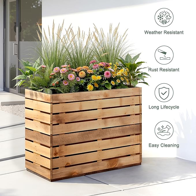 Metal Rectangular Planter Box with Drainage Holes, Tall & Large Rectangle Planter for Outdoor Plants, Flowers, Trees (30" L x 12" W x 24" H, Walnut Wood Grain)