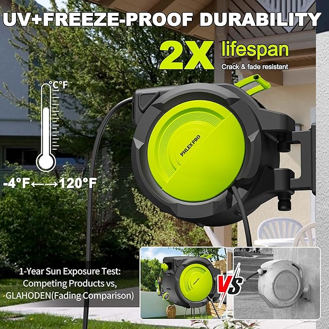 160 FT x 1/2" Retractable Garden Hose Reel - Phlexpro Heavy Duty Automatic Wall Mount Hose Reel with 3/4in Brass Fitting,10 Pattern Nozzle, Any Length Lock Slow Retraction 180° Swivel