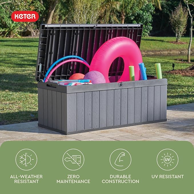Keter Darwin 100 Gallon Resin Large Deck Box - Organization and Storage for Patio Furniture, Outdoor Cushions, Garden Tools and Pool Toys, Grey & Black