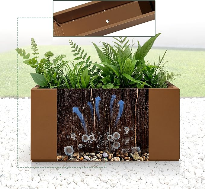 Large Metal Planter Box for Indoor & Outdoor Plants, Flowers, Rectangular Planters with Drainage Holes for Patio, Front Porch, All-Weather Use (32" L x 10" W x 16" H, Brown)
