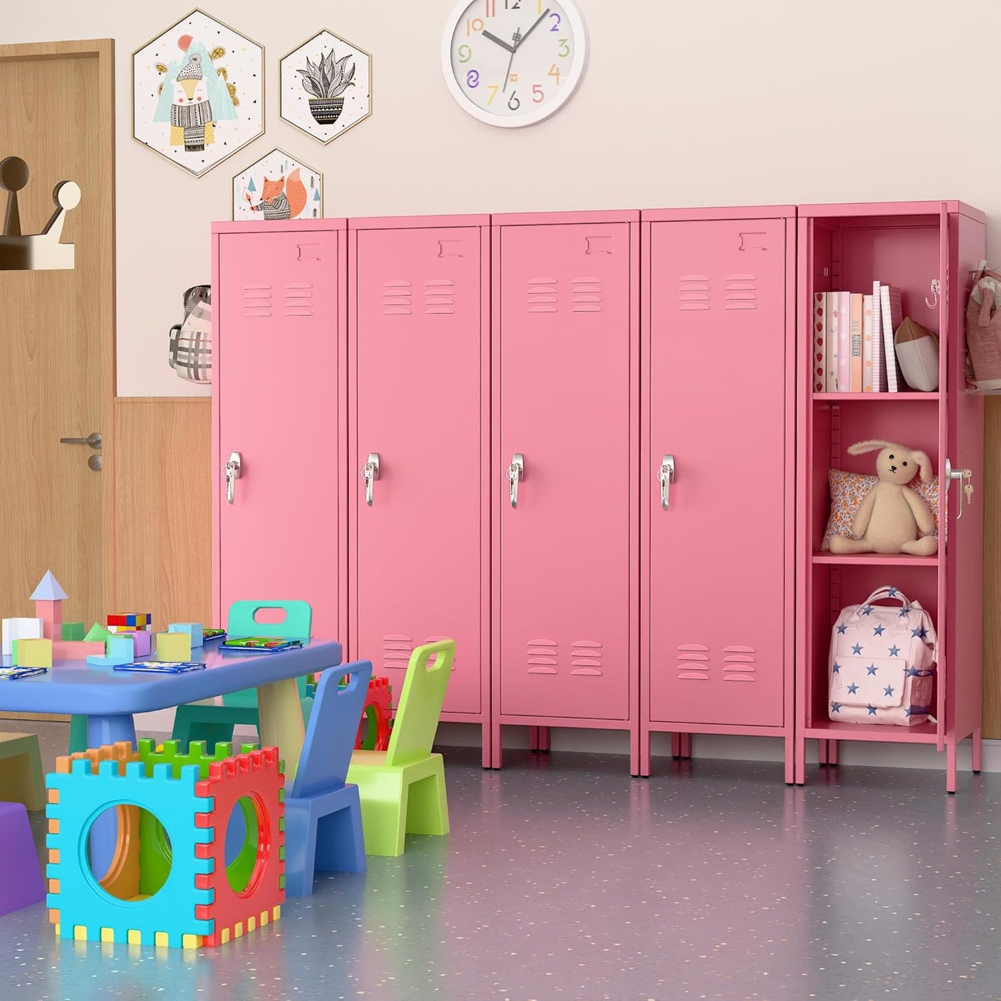 Metal Storage Locker with Pegboard and Hooks,Metal Locker for Employees with Handle and Hanging Rod for Gym, School, Office,Home,Garage,Assembly Required,Pink