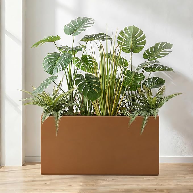 Large Metal Planter Box for Indoor & Outdoor Plants, Flowers, Rectangular Planters with Drainage Holes for Patio, Front Porch, All-Weather Use (32" L x 10" W x 16" H, Brown)