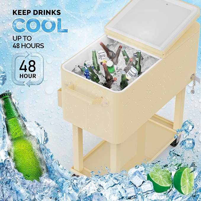 VINGLI 80 Quart Rolling Ice Chest, Portable Patio Party Bar Drink Cooler Cart, with Shelf, Beverage Pool with Bottle Opener