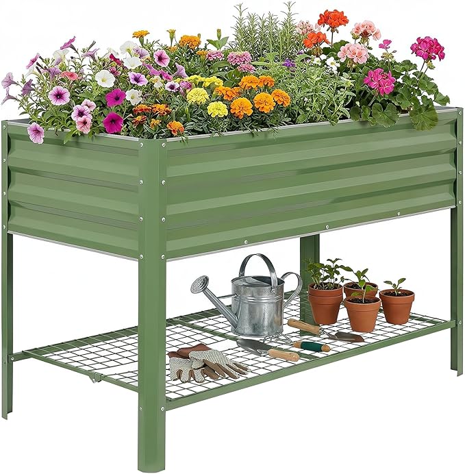 Elevated Raised Garden Bed with Legs, 48x24x32in Galvanized Planter Box Outdoor with Storage Rack & Drainage Holes, Large Metal Raised Beds for Gardening, Backyard, Patio, Balcony, Olive Green
