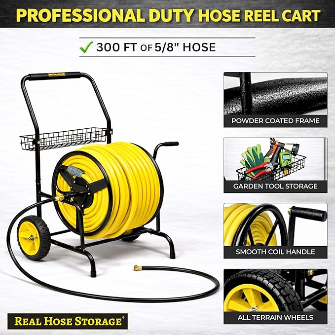 Hose Reel Cart, Hold Up to 300 ft of 5/8'', Garden Hose Cart with 2 Wheels, Heavy Duty Freestanding Water Hose Reels for Outside Garden Lawn Yard Outdoor (300ft Hose Capacity)