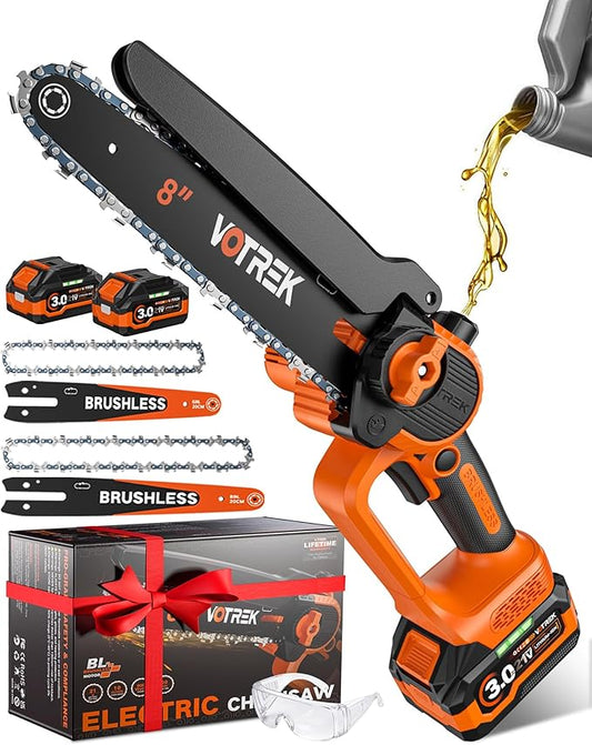 VOTREK® Unique Gift for Men: Mini Chainsaw Cordless 8 inch & 6 inch, Powerful & Safe Electric Handheld Chain Saw with 2 Batteries, Ultimate Garden Gift for Dad, Husband, Father, Christmas & Birthdays