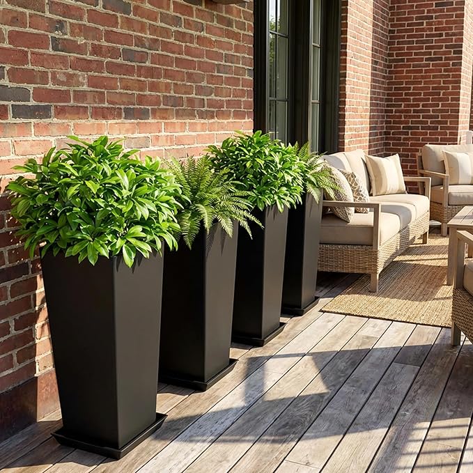 24" Set of 2 Tall Black Planters for Outdoor Plants, Large Flower Pots Planters with Drainage Holes & Tray, Modern Indoor Tapered Planter for Front Porch