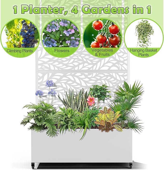 15.7"×70.9"×35.4" Metal Raised Garden Bed with Trellis and Wheels - Tall Trellis Planter Box for Climbing Plants, Vegetables & Vines - Outdoor Privacy Planters for Patio (White-Spring)