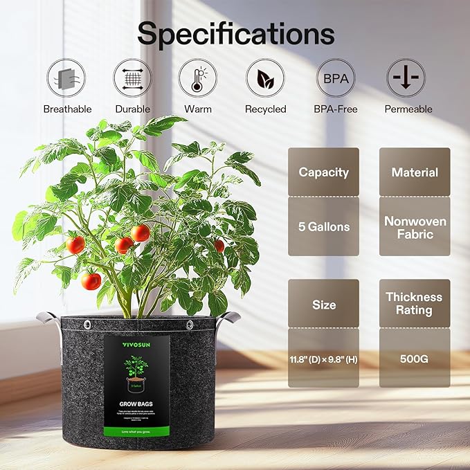 VIVOSUN 10-Pack 5 Gallon Grow Bags, 500G Thick Nonwoven Fabric Pots with Strap Handles, Multi-Purpose Rings, for Low Stress Plant Training Fruits, Vegetables, and Flowers