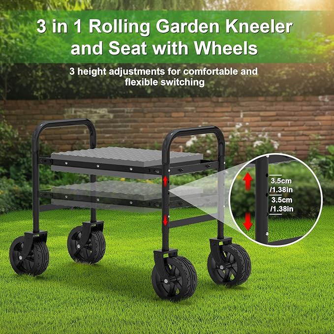 NIUXX Garden Kneeler and Seat with 360° Wheels: 3-in-1 Rolling Garden Stool with Extendable Legs - Foldable Garden Seat with Thick Pad & Tool Pouches - Heavy Duty Gardening Bench for Seniors